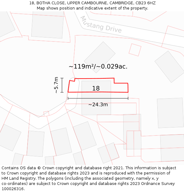 18, BOTHA CLOSE, UPPER CAMBOURNE, CAMBRIDGE, CB23 6HZ: Plot and title map