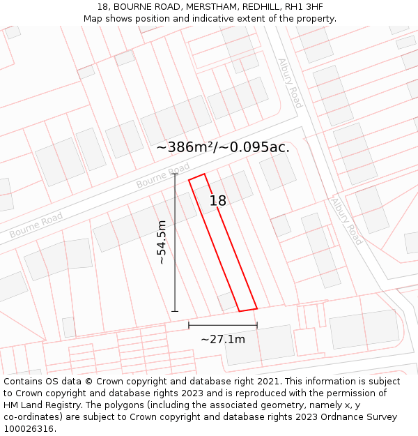 18, BOURNE ROAD, MERSTHAM, REDHILL, RH1 3HF: Plot and title map