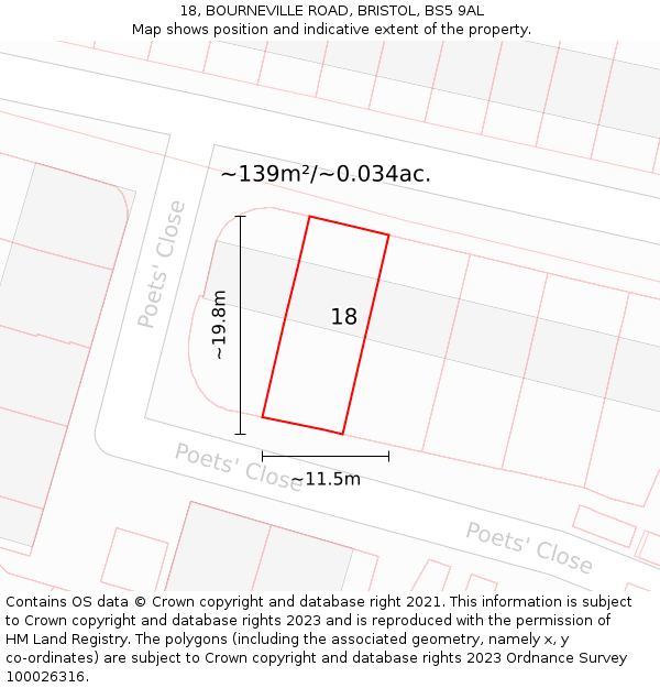 18, BOURNEVILLE ROAD, BRISTOL, BS5 9AL: Plot and title map