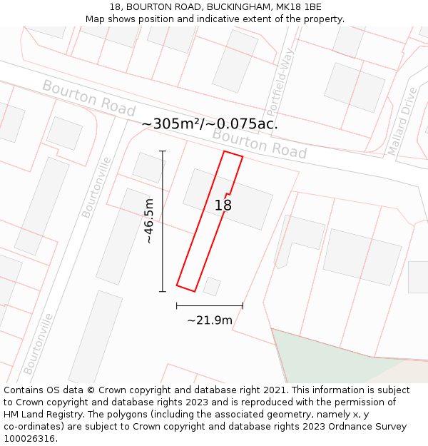 18, BOURTON ROAD, BUCKINGHAM, MK18 1BE: Plot and title map