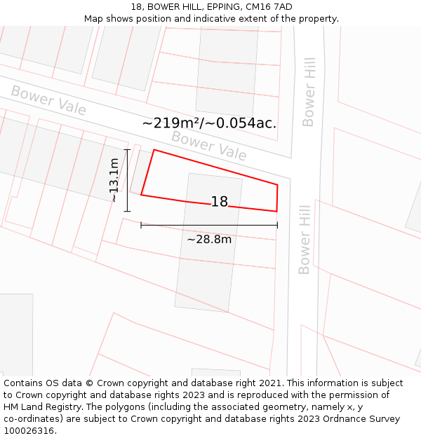 18, BOWER HILL, EPPING, CM16 7AD: Plot and title map