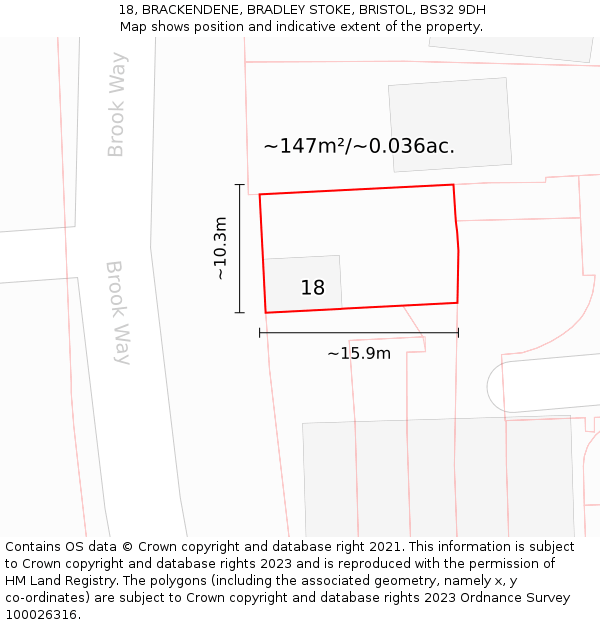 18, BRACKENDENE, BRADLEY STOKE, BRISTOL, BS32 9DH: Plot and title map