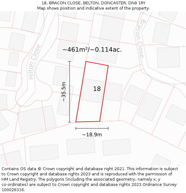 18, BRACON CLOSE, BELTON, DONCASTER, DN9 1RY: Plot and title map