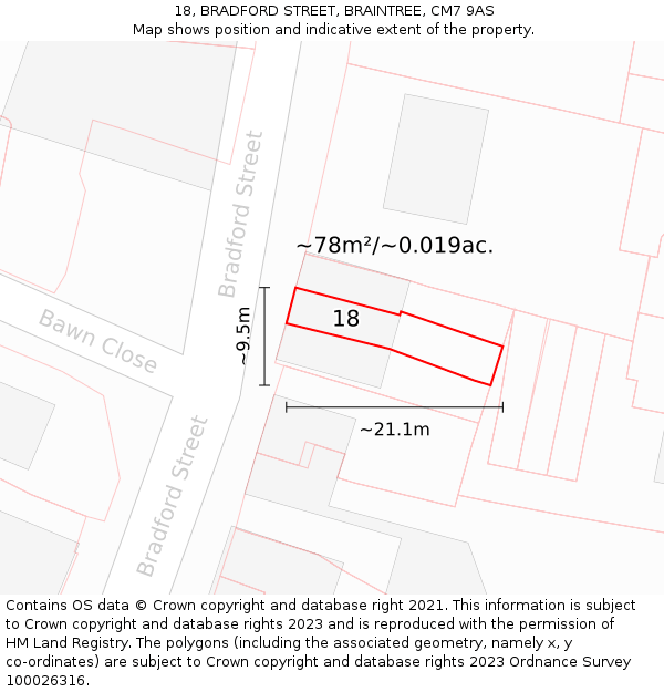 18, BRADFORD STREET, BRAINTREE, CM7 9AS: Plot and title map