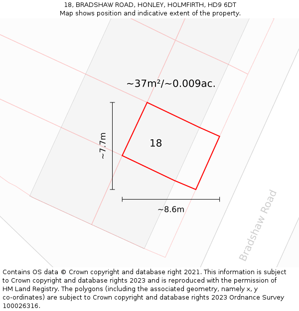 18, BRADSHAW ROAD, HONLEY, HOLMFIRTH, HD9 6DT: Plot and title map