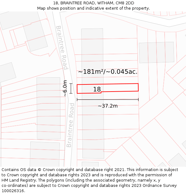 18, BRAINTREE ROAD, WITHAM, CM8 2DD: Plot and title map
