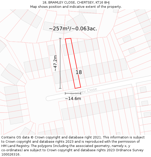 18, BRAMLEY CLOSE, CHERTSEY, KT16 8HJ: Plot and title map