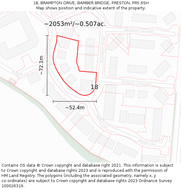 18, BRAMPTON DRIVE, BAMBER BRIDGE, PRESTON, PR5 6SH: Plot and title map