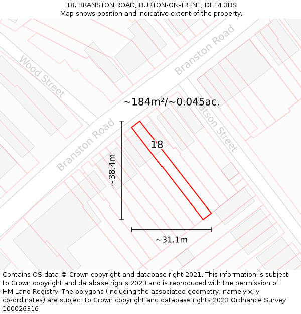 18, BRANSTON ROAD, BURTON-ON-TRENT, DE14 3BS: Plot and title map