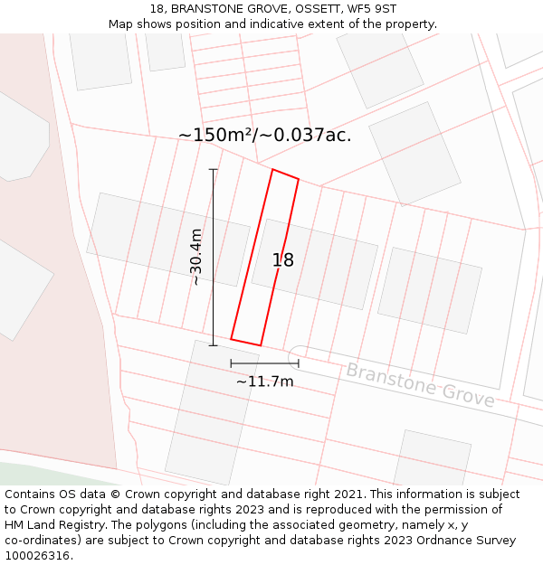 18, BRANSTONE GROVE, OSSETT, WF5 9ST: Plot and title map