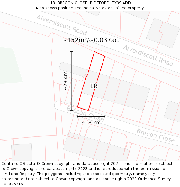 18, BRECON CLOSE, BIDEFORD, EX39 4DD: Plot and title map