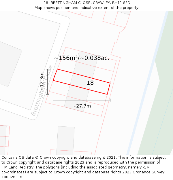 18, BRETTINGHAM CLOSE, CRAWLEY, RH11 8FD: Plot and title map