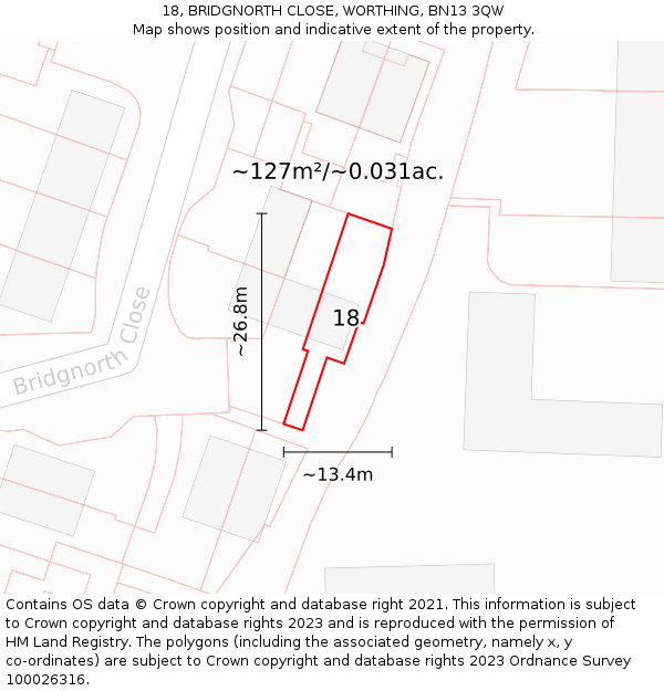 18, BRIDGNORTH CLOSE, WORTHING, BN13 3QW: Plot and title map