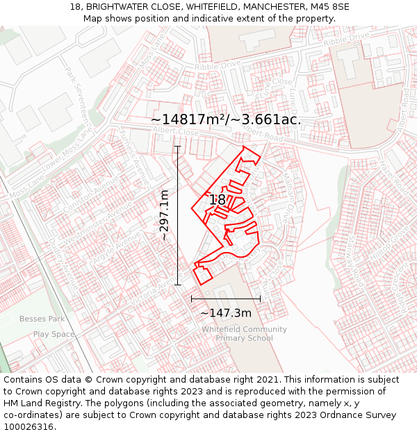 18, BRIGHTWATER CLOSE, WHITEFIELD, MANCHESTER, M45 8SE: Plot and title map