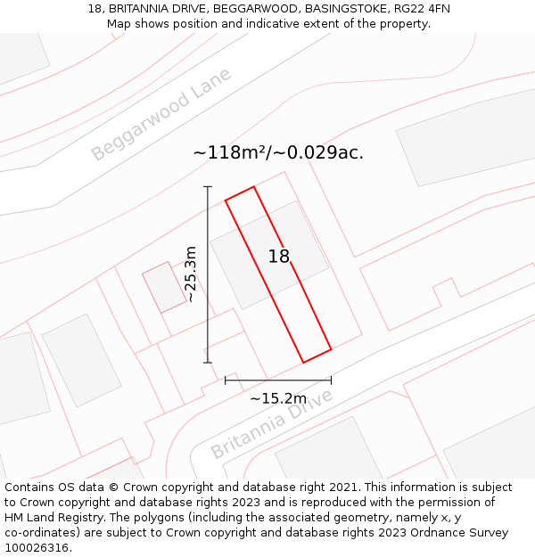 18, BRITANNIA DRIVE, BEGGARWOOD, BASINGSTOKE, RG22 4FN: Plot and title map