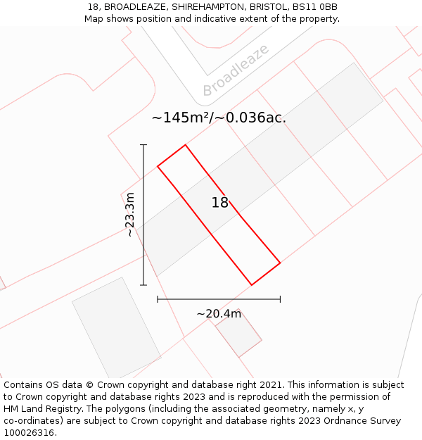 18, BROADLEAZE, SHIREHAMPTON, BRISTOL, BS11 0BB: Plot and title map