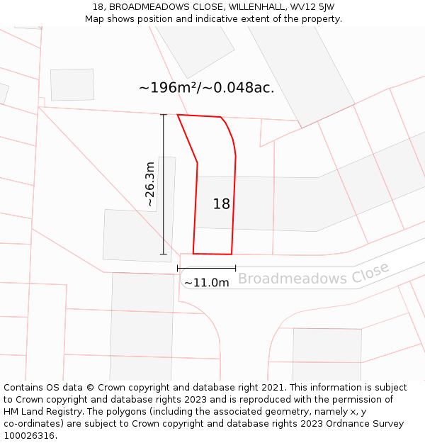 18, BROADMEADOWS CLOSE, WILLENHALL, WV12 5JW: Plot and title map