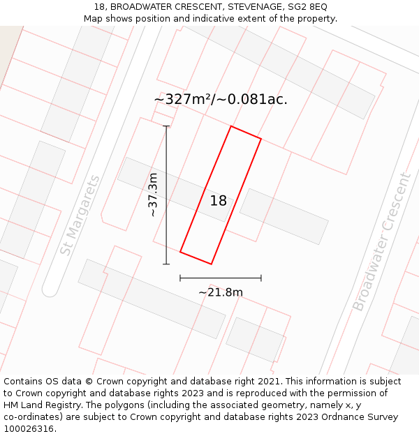 18, BROADWATER CRESCENT, STEVENAGE, SG2 8EQ: Plot and title map