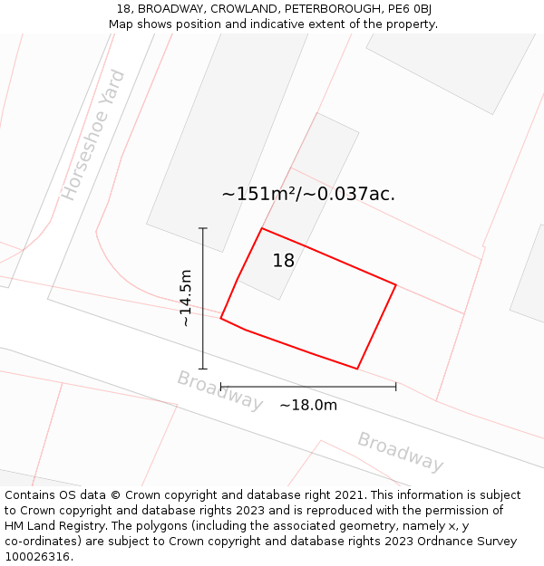 18, BROADWAY, CROWLAND, PETERBOROUGH, PE6 0BJ: Plot and title map