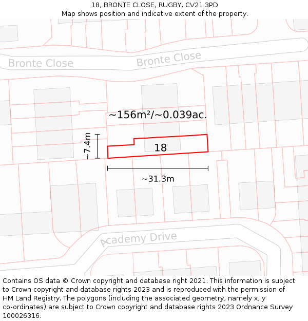18, BRONTE CLOSE, RUGBY, CV21 3PD: Plot and title map