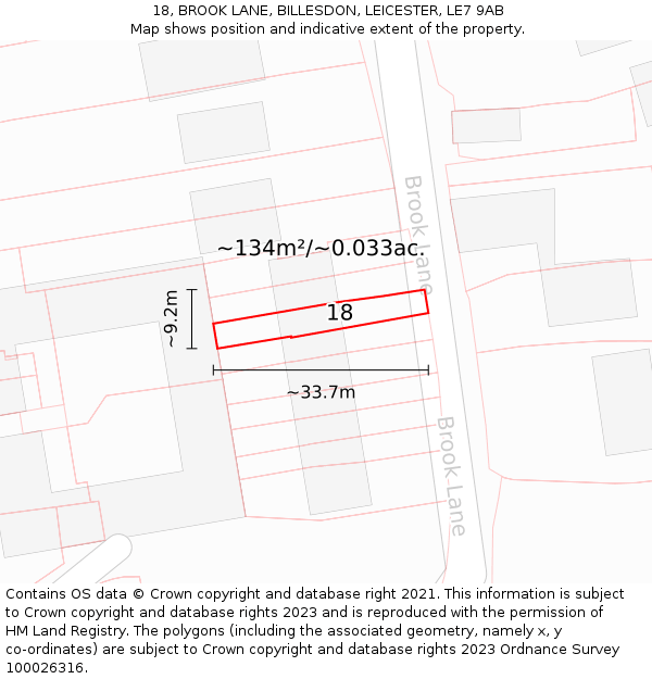 18, BROOK LANE, BILLESDON, LEICESTER, LE7 9AB: Plot and title map