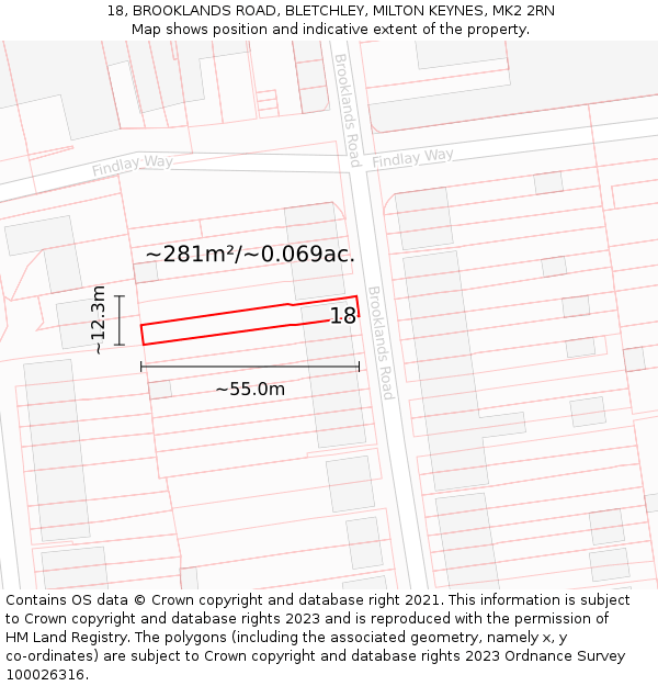 18, BROOKLANDS ROAD, BLETCHLEY, MILTON KEYNES, MK2 2RN: Plot and title map
