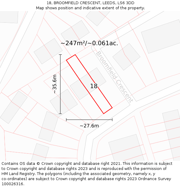 18, BROOMFIELD CRESCENT, LEEDS, LS6 3DD: Plot and title map