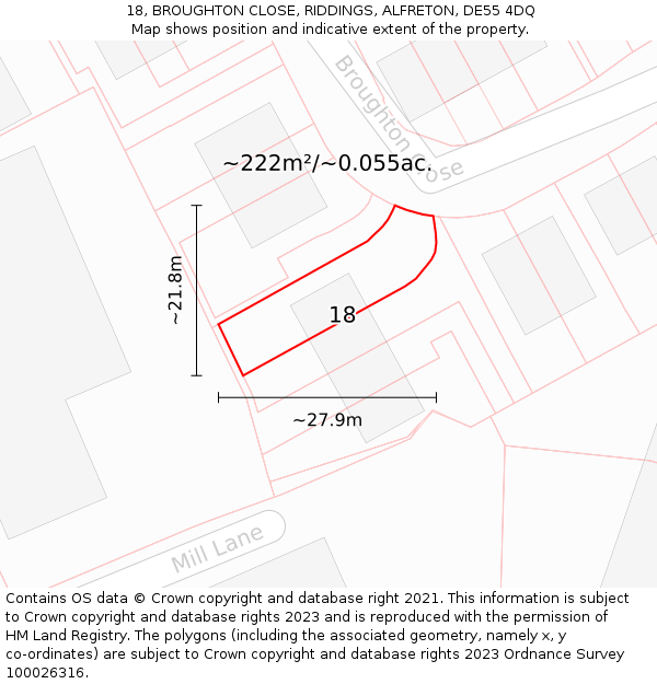 18, BROUGHTON CLOSE, RIDDINGS, ALFRETON, DE55 4DQ: Plot and title map