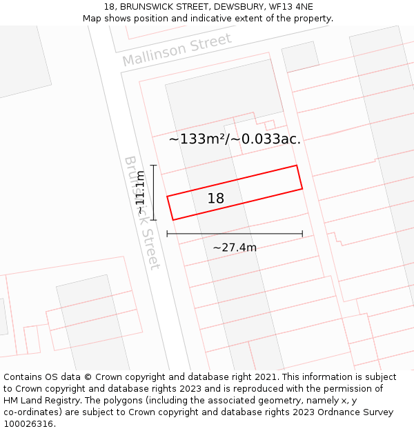 18, BRUNSWICK STREET, DEWSBURY, WF13 4NE: Plot and title map