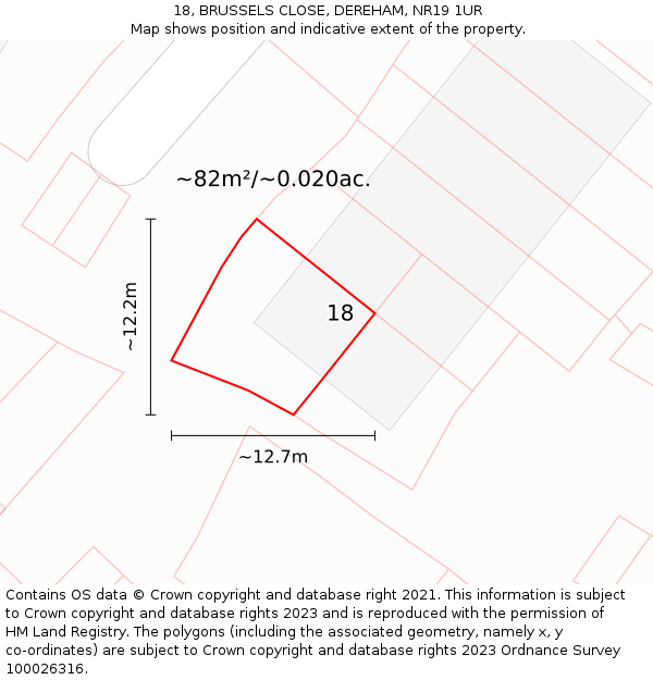 18, BRUSSELS CLOSE, DEREHAM, NR19 1UR: Plot and title map