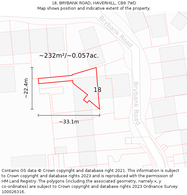 18, BRYBANK ROAD, HAVERHILL, CB9 7WD: Plot and title map