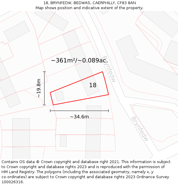 18, BRYNFEDW, BEDWAS, CAERPHILLY, CF83 8AN: Plot and title map