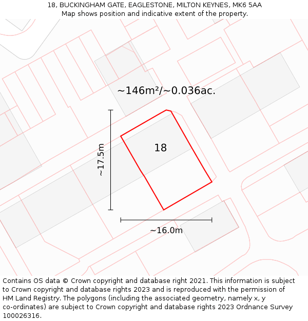 18, BUCKINGHAM GATE, EAGLESTONE, MILTON KEYNES, MK6 5AA: Plot and title map