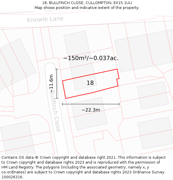 18, BULLFINCH CLOSE, CULLOMPTON, EX15 1UU: Plot and title map