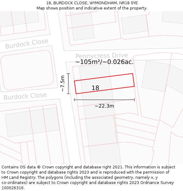 18, BURDOCK CLOSE, WYMONDHAM, NR18 0YE: Plot and title map