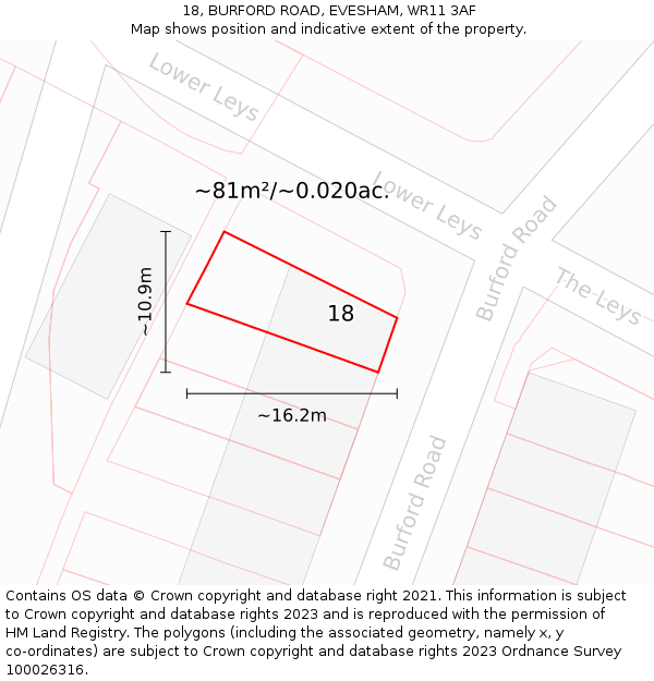 18, BURFORD ROAD, EVESHAM, WR11 3AF: Plot and title map