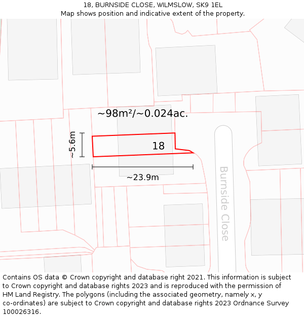 18, BURNSIDE CLOSE, WILMSLOW, SK9 1EL: Plot and title map