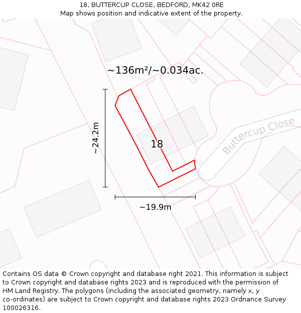 18, BUTTERCUP CLOSE, BEDFORD, MK42 0RE: Plot and title map