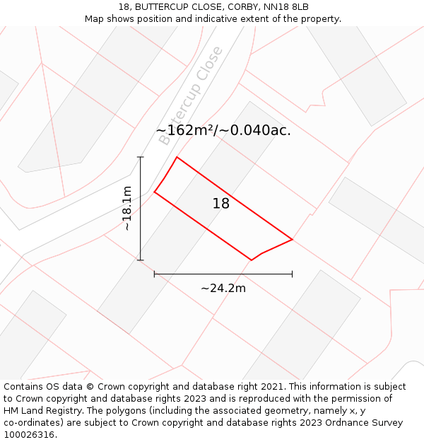 18, BUTTERCUP CLOSE, CORBY, NN18 8LB: Plot and title map
