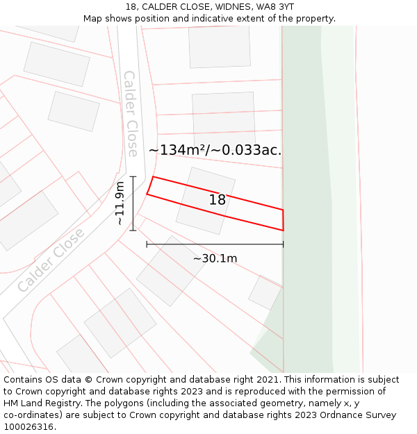 18, CALDER CLOSE, WIDNES, WA8 3YT: Plot and title map