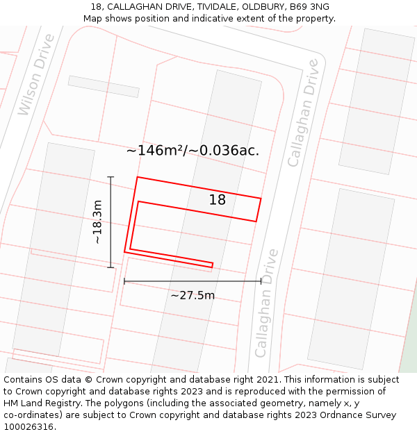 18, CALLAGHAN DRIVE, TIVIDALE, OLDBURY, B69 3NG: Plot and title map
