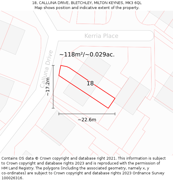 18, CALLUNA DRIVE, BLETCHLEY, MILTON KEYNES, MK3 6QL: Plot and title map