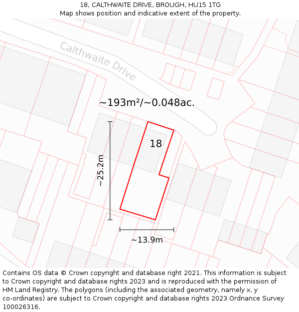 18, CALTHWAITE DRIVE, BROUGH, HU15 1TG: Plot and title map