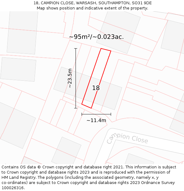 18, CAMPION CLOSE, WARSASH, SOUTHAMPTON, SO31 9DE: Plot and title map