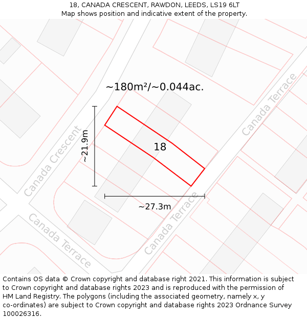 18, CANADA CRESCENT, RAWDON, LEEDS, LS19 6LT: Plot and title map