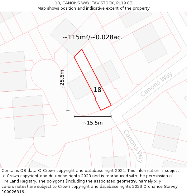 18, CANONS WAY, TAVISTOCK, PL19 8BJ: Plot and title map