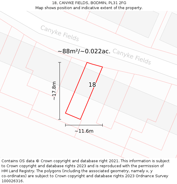 18, CANYKE FIELDS, BODMIN, PL31 2FG: Plot and title map