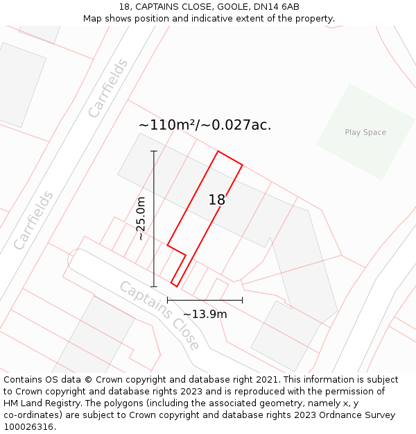 18, CAPTAINS CLOSE, GOOLE, DN14 6AB: Plot and title map