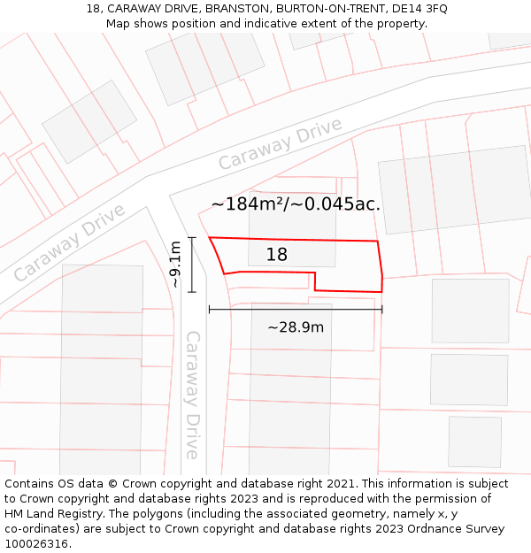 18, CARAWAY DRIVE, BRANSTON, BURTON-ON-TRENT, DE14 3FQ: Plot and title map