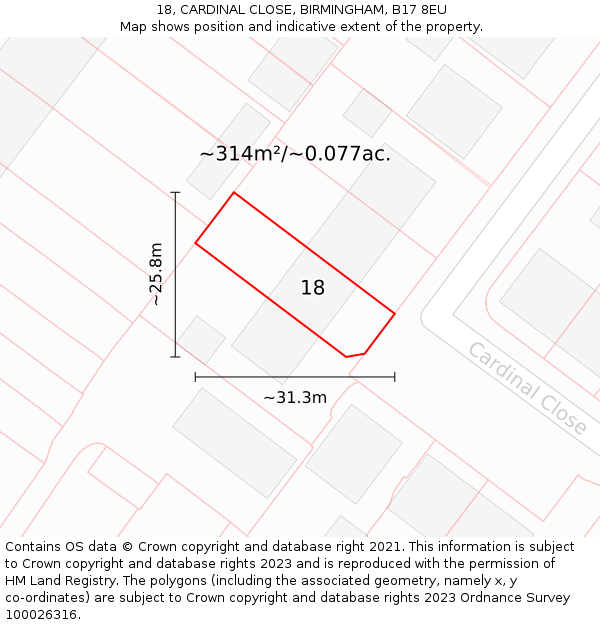 18, CARDINAL CLOSE, BIRMINGHAM, B17 8EU: Plot and title map